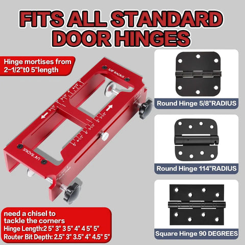 Pro Grade Aluminum Door Hinge Jig And Lock Installation Kit with measurements for hinge mortises from 2.5 to 5 inches.