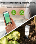 Smart WiFi Soil Moisture Meter For Plants With App Alerts No Guesswork 2 In 1 Sensor Tracks Moisture And Temperature Remotely Real Time Data For Indoor Outdoor Gardening And Houseplant Care, phone app and soil probe