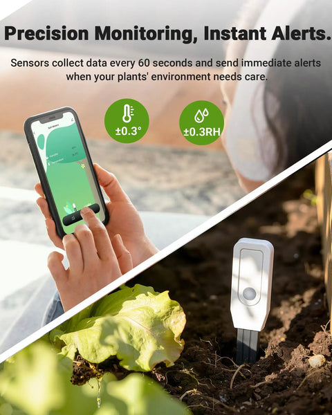 Smart WiFi Soil Moisture Meter For Plants With App Alerts No Guesswork 2 In 1 Sensor Tracks Moisture And Temperature Remotely Real Time Data For Indoor Outdoor Gardening And Houseplant Care, phone app and soil probe