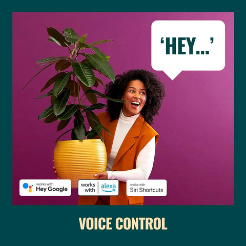 Person smiling, holding plant with text bubbles showing "Hey..." icons for Hey Google, Alexa, and Siri. Voice control context.