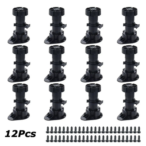 12 Pack Adjustable Leveler Feet 3.9 to 5 Inches with screws, Black Plastic Furniture Levelers for Cabinet Edges, Tables, Shelves