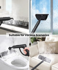 Heavy Duty Steam Cleaner Fast Heat Up One Point Five Liter Tank Multi Surface Tool Kit in use on diferentes surfaces.