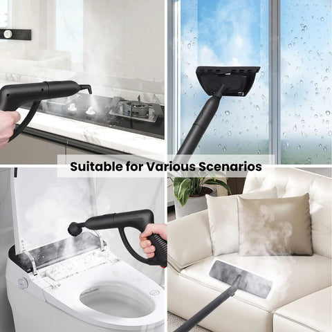 Heavy Duty Steam Cleaner Fast Heat Up One Point Five Liter Tank Multi Surface Tool Kit in use on diferentes surfaces.