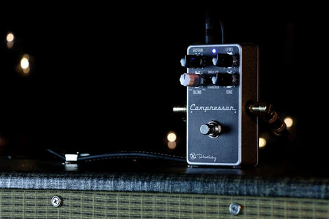 Compressor Plus Pedal For Electric Guitar With Release Switch tuned for single coils and humbuckers on amplifier in stage light