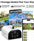 Solar Powered Outdoor Security Camera With 2K Video, No Wires, AI Motion Detection And Siren, Color Night Vision, SD Or Cloud Storage, Weatherproof, 365 Day Solar Charging, Easy Setup, Durable Home Surveillance Cam with multiple storage options and smartphone app interface.