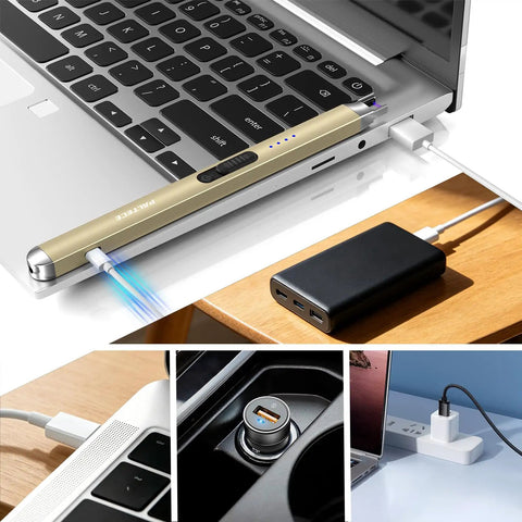 Upgraded USB C Rechargeable Flameless Plasma Arc Lighter with LED display charging on laptop, power bank, and car adapter