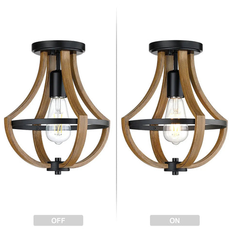 Set Of 3 Rustic Farmhouse Semi Flush Mount Ceiling Lights, 1 Light Each, Black Finish With Brown Handmade Details, Vintage Vibe For Hallway
