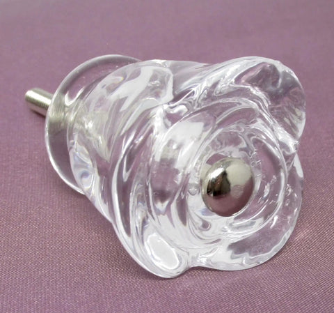 Snag These Fresh Solid Glass Rose Cabinet Knobs In Crystal Clear With Lead Free Construction And Hassle Free Mounting Hardware For Kitchen Drawers And Furniture Remodels, detailed view of a knob.