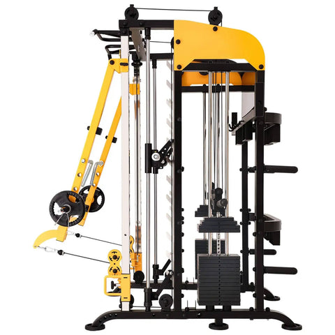 Side view of All In One Home Gym System with Smith Machine, Adjustable Lever Arms, 2 to 1 Pulley Ratio, and dual 440lb weight stacks