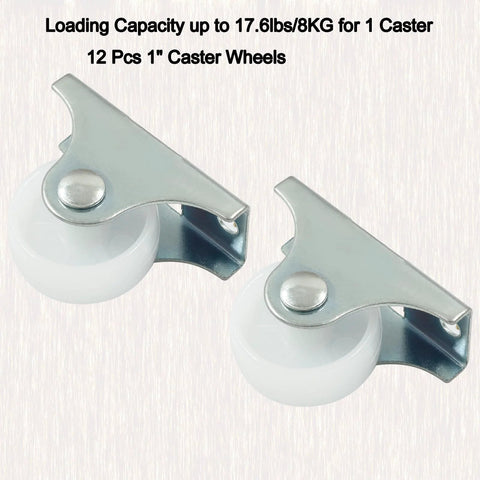 12 Pack 1 Inch Heavy Duty Fixed Non Swivel Caster Wheels With Hidden Mounting Plate, white hard plastic wheels, close-up