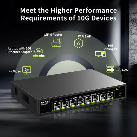 8 Port 10G Ethernet Unmanaged Switch With 8x 10Gb Base-T Ports, 160Gbps Switching, Plug And Play For NAS, PC, WiFi 7 Router