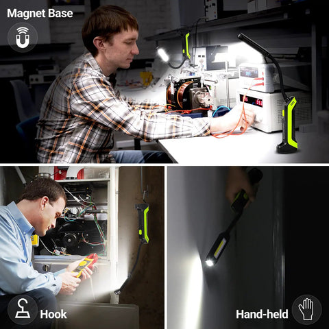 LED Work Light With Magnetic Base And Flexible Gooseneck 360 Degree Rotary Head used in auto repair and power outages.