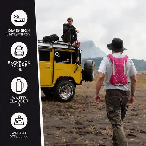 Person wearing pink 12L Hydration Backpack With 2L Water Bladder For Men And Women approaching yellow jeep