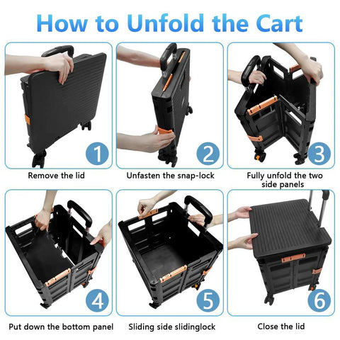 FELICON SELORSS foldable utility cart, black heavy-duty plastic, 4 wheels, telescoping handle; unfolding steps diagram.