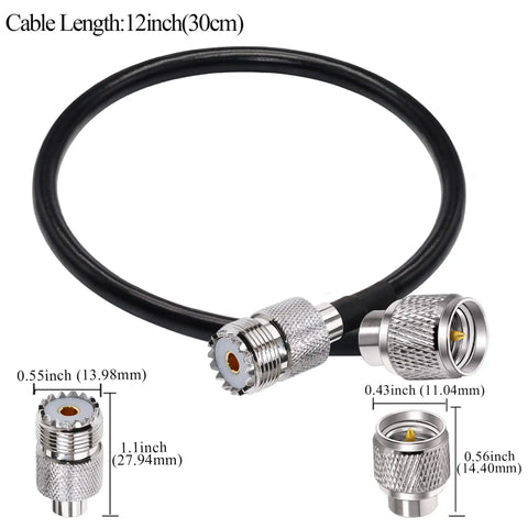 Mini UHF To UHF Extension Cable 12 Inch Coax Jumper RG58 50 Ohm Cable For CB Radios PL259 To SO239 Connector, 12 inch length