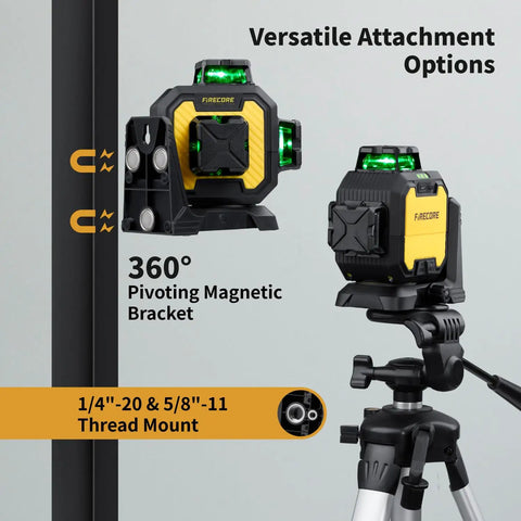 Versatile attachment options for Green Cross Line Laser Level 360 Self Leveling, with pivoting magnetic bracket and tripod mount