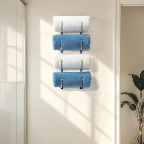 4 Tier Wall Mounted Towel Rack Organizer For Towels Blankets And Bath Sheets Space Saving Storage silver rack with towels