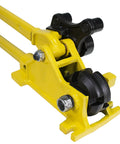 Close-up of Steel Dragon 2-in-1 Portable Manual Rebar Cutter And Bender For 5/8 Inch #5 Rebar Heavy Duty Shear Cut, yellow and black.
