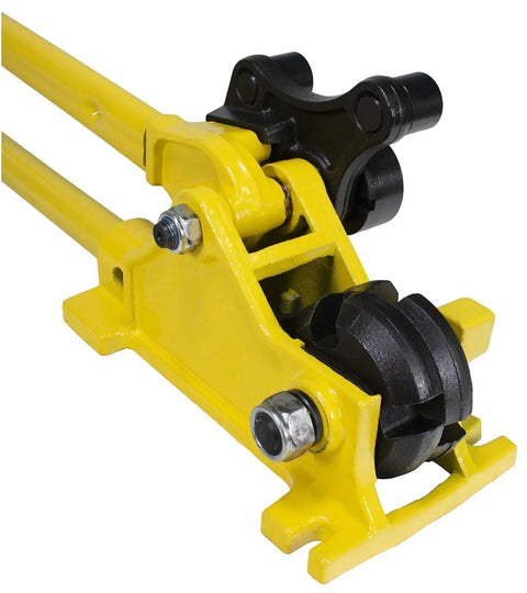Close-up of Steel Dragon 2-in-1 Portable Manual Rebar Cutter And Bender For 5/8 Inch #5 Rebar Heavy Duty Shear Cut, yellow and black.