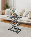 Heavy Duty 24V Electric Scissor Lift Table With 180 Lbs Capacity And Remote Control Featuring Durable Iron Frame For Rugged Jobsite Lifting Tasks in a modern living room setup.