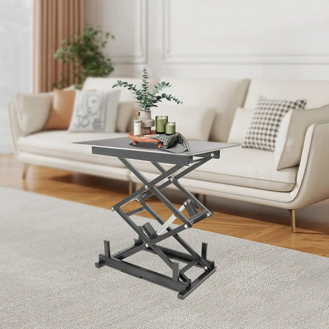 Heavy Duty 24V Electric Scissor Lift Table With 180 Lbs Capacity And Remote Control Featuring Durable Iron Frame For Rugged Jobsite Lifting Tasks in a modern living room setup.