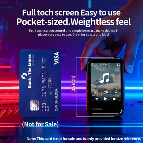 Bluetooth 5.4 Portable Mini Music Player With Built In Speaker next to credit card for size comparison