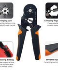 Ferrule Crimping Tool Kit With Self Adjusting Ratchet For AWG 23 10 Wires Includes 200 Terminals Ferrules And Connectors Plier Set, detailed view of crimping jaw, handle, and regulator.