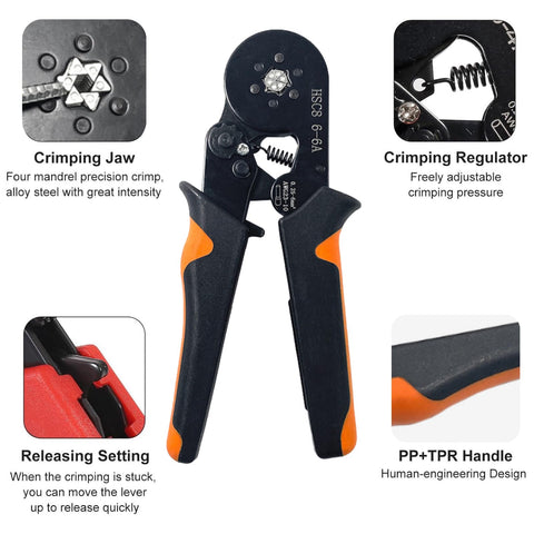 Ferrule Crimping Tool Kit With Self Adjusting Ratchet For AWG 23 10 Wires Includes 200 Terminals Ferrules And Connectors Plier Set, detailed view of crimping jaw, handle, and regulator.