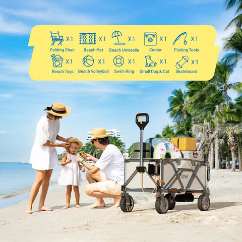 Family using Heavy-Duty Electric Wagon Cart With 450W Motor All-Terrain Wheels 200L Capacity And 300Lb Load at the beach