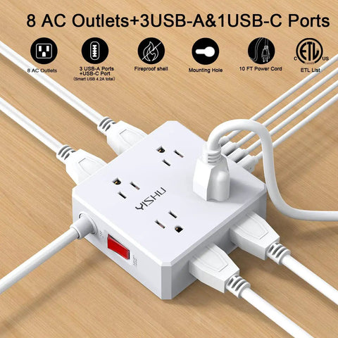 10 Foot Extension Cord Heavy Duty Surge Protector Power Strip With Eight Outlets And Four USB Ports Three Side Outlet Extender