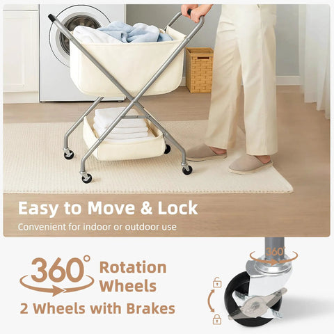 Collapsible Laundry Cart With Wheels 65L 17 Gal Rolling Hamper Clothes Basket On Wheels showing 360-degree swivel wheels