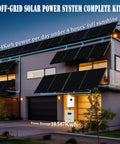 Heavy Duty Off Grid Solar Power System Complete Kit with 20 bifacial panels installed on a modern house facade.