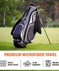 Magnetic Golf Towel 23.6x15.7 Inches Large Dual-Sided Microfiber And Scrub Towel With Waffle Weave attached to golf bag on green
