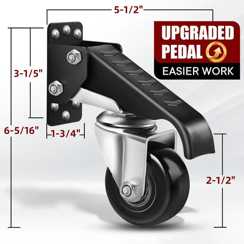 Heavy Duty Retractable Caster Wheels For Workbenches 700 Lb Capacity detailed view of pedal dimensions and mechanism.