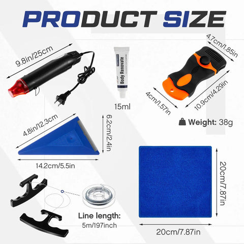 Pro Grade Emblem Removal Tool Kit and Vinyl Wrap Set With Heat Gun Razor Scraper Squeegee 5m PE Cord Towel sizes displayed