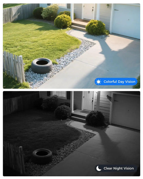 Comparison of day and night vision from Home Security Camera System With 4 Outdoor 5MP Cameras 16 Channel NVR And 10.1 Inch LCD Monitor.