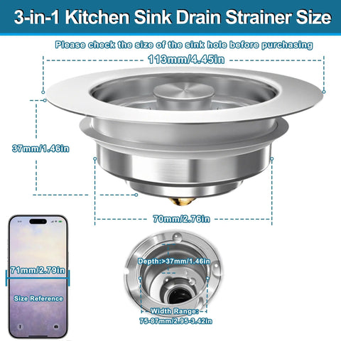 Slick Three In One Pop Up Kitchen Sink Drain Strainer And Stopper Filter showing size measurements and stainless steel design.