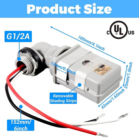Close-up of 4 Pcs Photocell Sensor For Outdoor Lights 120VAC Dusk To Dawn Sensor with size dimensions and wire connectors