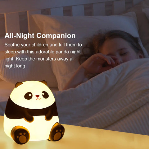 Panda Night Light For Kids With Cozy LED Glow Timer Auto Shutoff Battery Operated Silicone Animal Night Light For Nursery Baby Bedroom Decor Cute Kawaii Gift For Toddlers Boys Girls Teens beside a sleeping child in bed