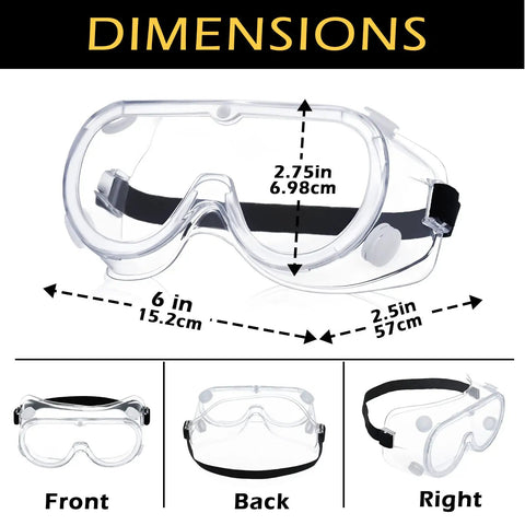 30 Pack Clear Safety Goggles Over Glasses Anti Fog Eye Protection dimensions and multiple angles view with adjustable strap