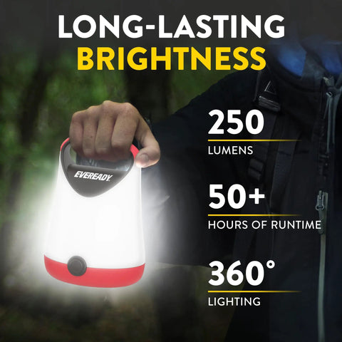 Two Pack LED Camping Lanterns With 250 Lumens 360 Degree Bright Light Rugged Water Resistant Build shown being held outdoors