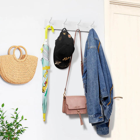 Heavy Duty Wall Mount Coat Rack With Hooks In White For Jackets Hats Sunglasses Scarves Leashes Bags And Towels A Real Space Saver