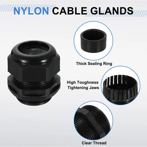 Three Piece Nylon Cable Glands Set NPT 1.5 Inch Waterproof Cord Grip Connector With Adjustable 32 To 38 Mm Wire Grommet Protectors Gaskets And Locknut For Junction Box Black, nylon gland close-up