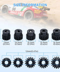 Beefed Up 32P Pinion Gear Set For RC Cars 15T-19T With 5mm Bore, showing size information and car backdrop, metal construction