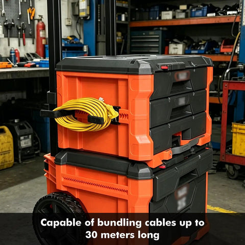 Heavy Duty Cord Organizer For Side Rail Toolbox, Cable And Hose Holder attached to MODbox toolbox in workshop