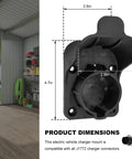 Dimensions of EV Charger Holder Wall Mount For SAE J1772 Cables; 4.7in x 2.6in x 2.9in, shown in a garage setting.