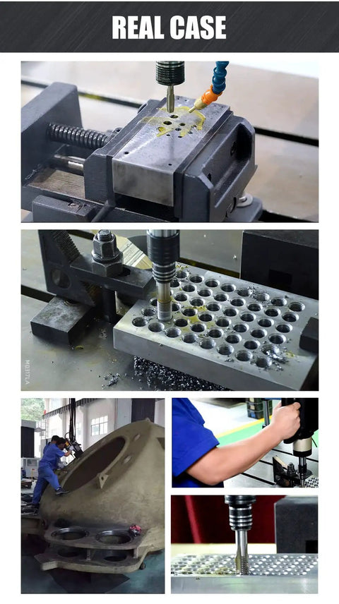 1200W Electric Tapping Machine For M4 To M24 Holes Auto Oiling Flexible Drilling Head 360 Rotation Universal Adapter in action on metal.
