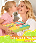 46-piece kids knife set toy box for pretend cooking with a colorful illustrated lid, held by a mother and daughter.
