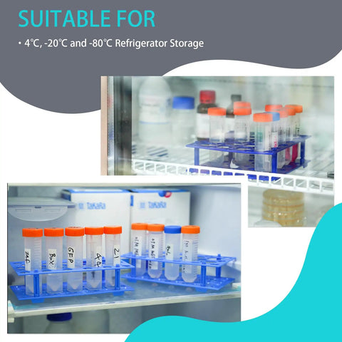 Two Pack Blue Test Tube Rack Set With 56 Wells Detachable Plastic Stand For 10mL 15mL And 50mL Centrifuge Tubes Deep Blue Lab Organizer in refrigerator