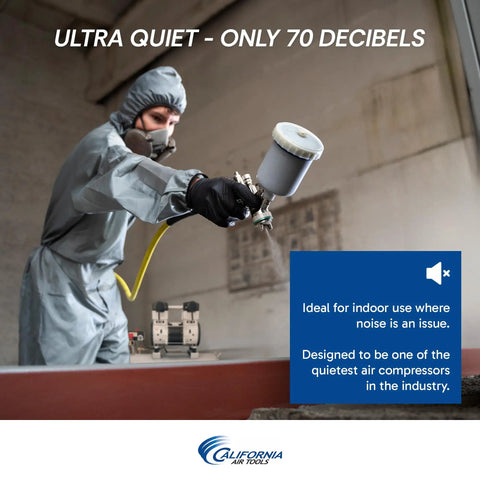 Hella Quiet Two Point Zero Horsepower Oil Free Air Compressor in use for spray finishing, showcasing quiet operation.